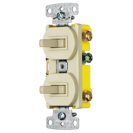 Hubbell Wiring Device-Kellems Switches and Lighting Controls, Combination Devices, Residential Grade, 2) Three Way Toggles, 15A 120V AC, Self Grounding, Side Wired, Ivory RC303I